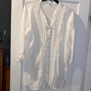 Women’s White Lace-Trim Button Front Top